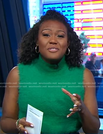 Janai’s green fuzzy sleeveless top on Good Morning America