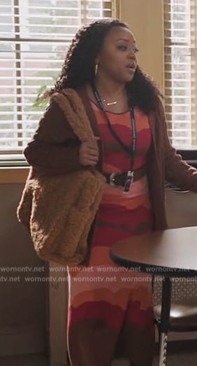 Janine's red printed dress on Abbott Elementary