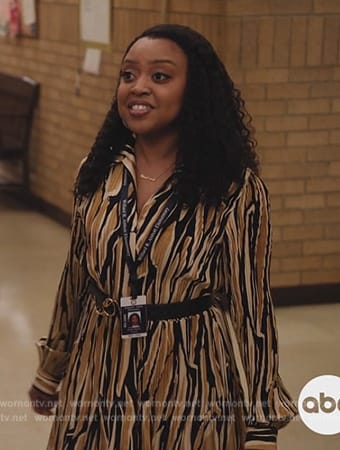 Janine's beige stripe shirtdress on Abbott Elementary