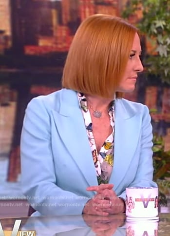 Jes Psaki's butterfly print blouse and blue blazer on The View