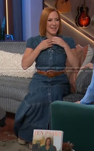 Jen Psaki's denim maxi dress on The Kelly Clarkson Show