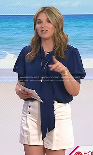 Jenna's navy tie neck blouse and white shorts on Today