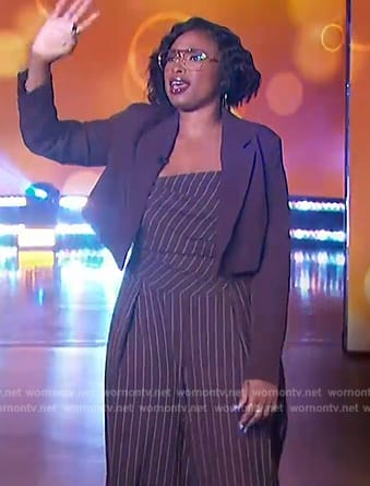 Jennifer’s brown pinstripe jumpsuit on The Jennifer Hudson Show