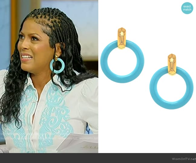 Jennifer Miller Turquoise Doorknocker Clip On Earrings worn by Tamron Hall on Tamron Hall Show