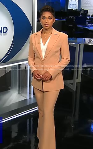 Jericka's beige blazer and flare pant suit on CBS Evening News