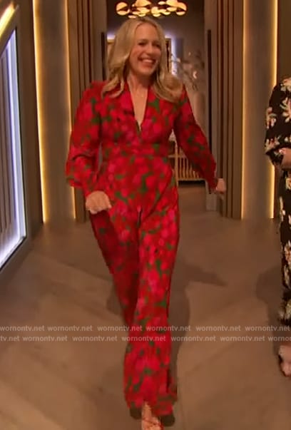 Jessica St. Clair's red floral print dress on The Drew Barrymore Show