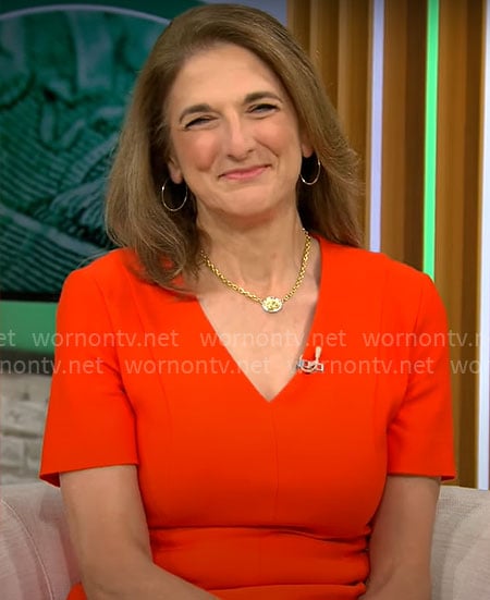 Jill Schlesinger's red v-neck short sleeve dress on CBS Mornings
