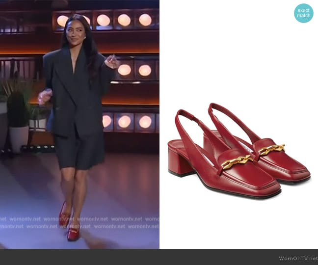 Jimmy Choo Diamond Tilda 45mm leather pumps worn by Shay Mitchell on The Kelly Clarkson Show