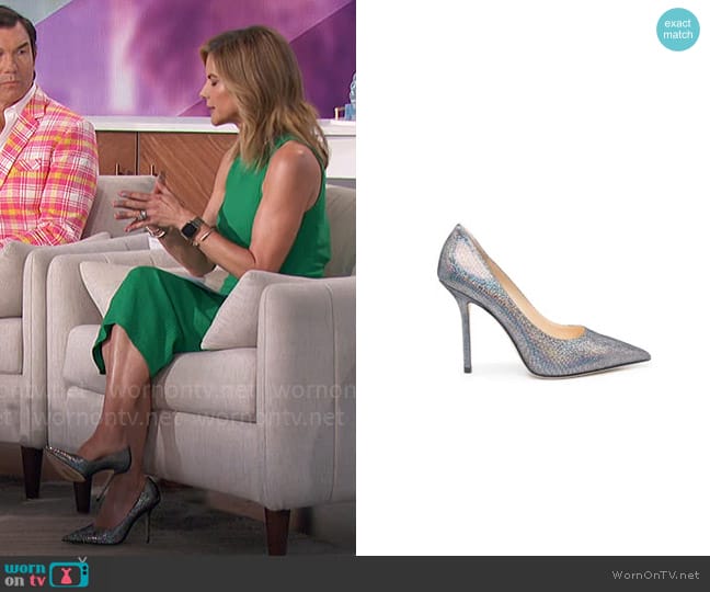 Jimmy Choo Love 100mm holographic-effect pumps worn by Natalie Morales on The Talk