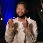 John Legend’s ivory patchwork knit cardigan on The Voice