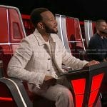 John Legend’s white sequin tweed jacket and pants on The Voice