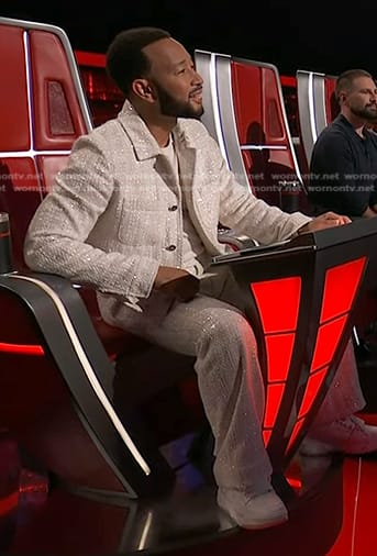 John Legend’s white sequin tweed jacket and pants on The Voice