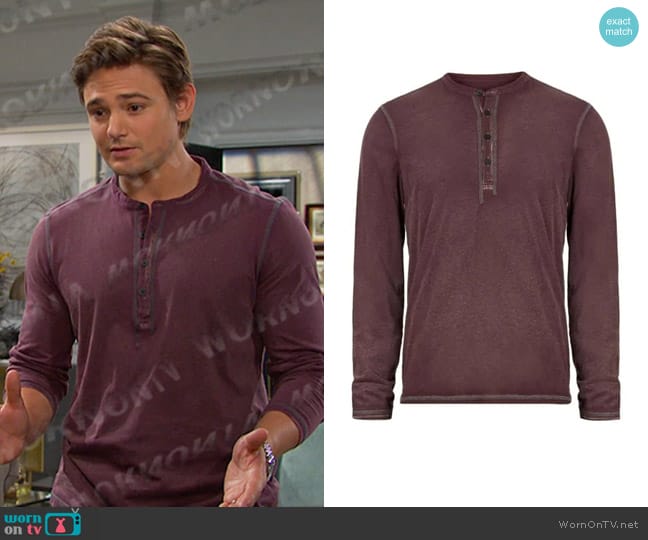 John Varvatos Hawke Pigment Rub Henley Shirt in Dark Plum worn by Johnny DiMera (Carson Boatman) on Days of our Lives