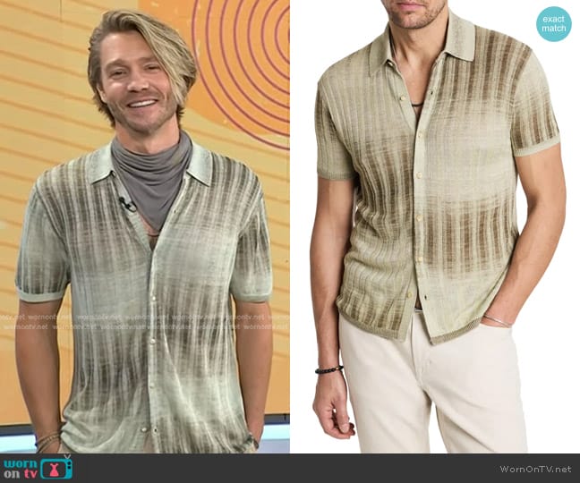 John Varvatos Santiago Short Sleeve Button-Up Sweater in Spruce worn by Chad Michael Murray on Today