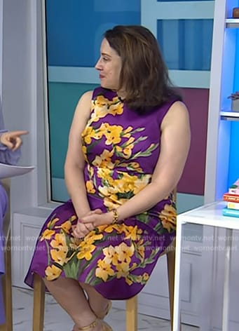 Julia Quinn's purple floral print sleeveless dress on Today