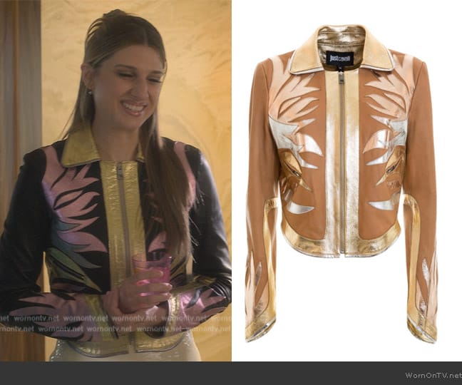 Just Cavalli Mirror leather detailed napa jacket worn by Nomi Segal (Emily Arlook) on Grown-ish