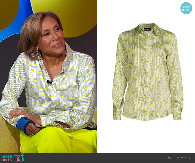 Karl Lagerfeld Geometric Satin Button Down Shirt in Chartreuse worn by Robin Roberts on Good Morning America