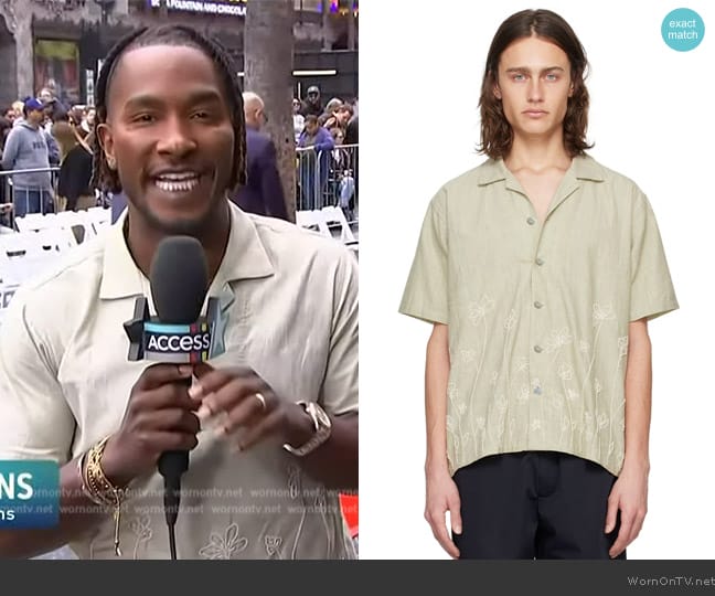 Kartik Research Green Faux-Pearl Shirt worn by Scott Evans on Access Hollywood