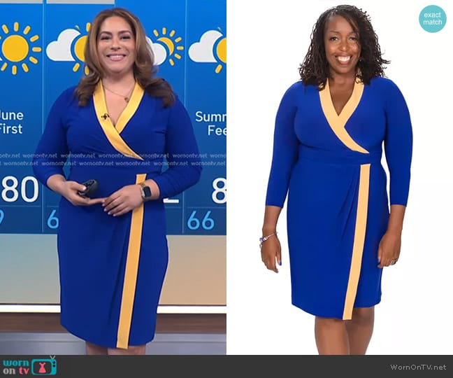 Kasper Colorblocked Faux-Wrap Sheath Dress in Gold/Royal Blue worn by Violeta Yas on NBC News Daily