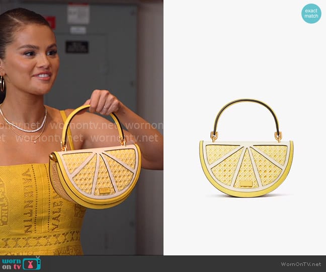 Kate Spade Lemon Drop Wicker 3D Crossbody worn by Selena Gomez on Selena + Restaurant