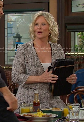 Kayla's grey v-neck tweed dress on Days of our Lives