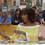 Gayle King’s yellow off-shoulder bell sleeve top on The Drew Barrymore Show