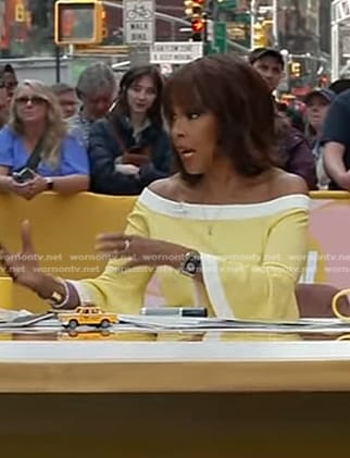 Gayle King’s yellow off-shoulder bell sleeve top on The Drew Barrymore Show