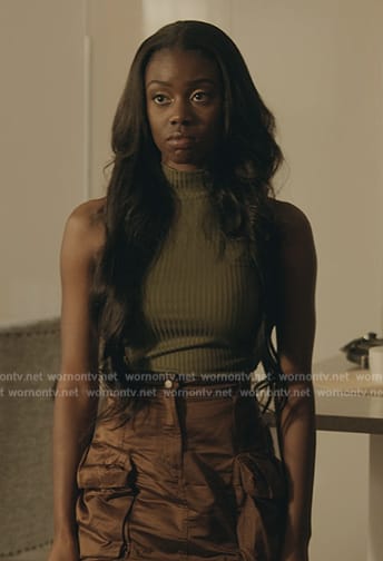 Kiesha's brown satin mini skirt on The Chi