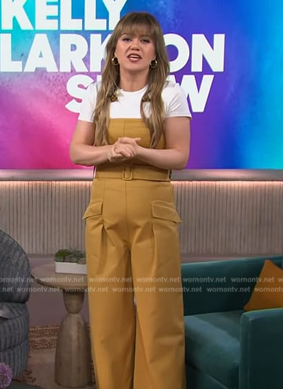 Kelly’s mustard strapless belted jumpsuit on The Kelly Clarkson Show