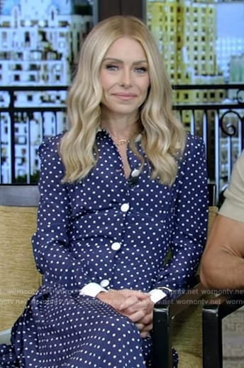 Kelly’s navy polka dot shirtdress on Live with Kelly and Mark