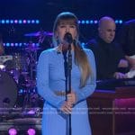 Kelly’s blue ribbed long sleeve dress on The Kelly Clarkson Show