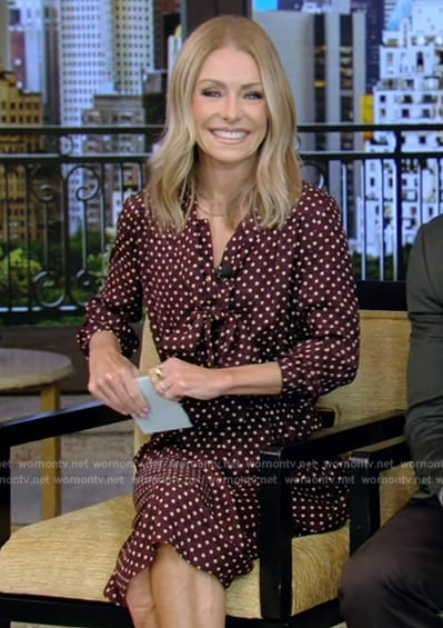 Kelly’s burgundy polka dot tie neck dress on Live with Kelly and Mark