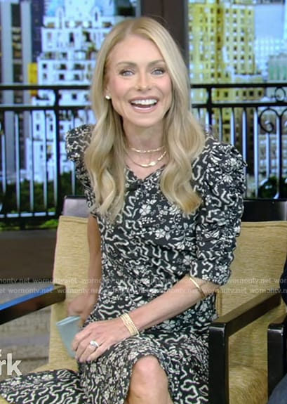 Kelly’s black floral ruched sleeve dress on Live with Kelly and Mark