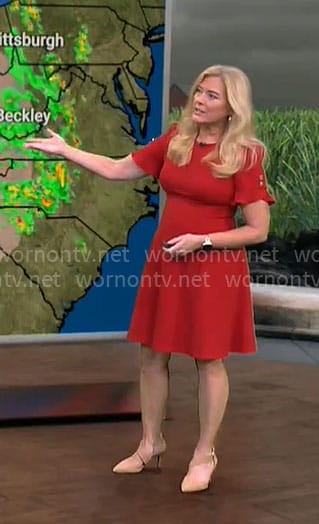 Kelly Cass' red short sleeved dress on CBS Mornings