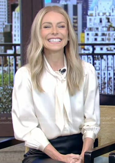 Kelly’s white satin tie neck blouse on Live with Kelly and Mark