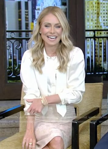 Kelly's white satin tie neck blouse on Live with Kelly and Mark