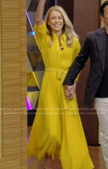 Kelly’s yellow tie waist shirtdress on Live with Kelly and Mark