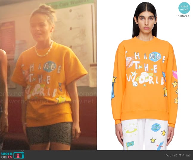 Kids Worldwide Orange Change The World Sweatshirt worn by Minnie 'Mouse' Honrada (Malia Pyles) on Pretty Little Liars Original Sin