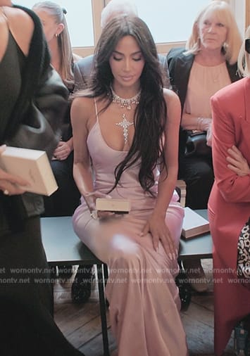 WornOnTV Kim s pink satin gown on The Kardashians Kim Kardashian Clothes and Wardrobe from TV