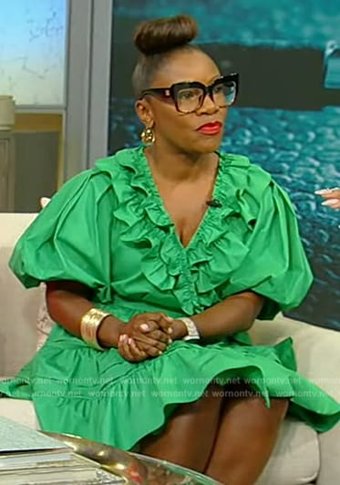 Kimberly Seals Allers' green ruffle mini dress on Tamron Hall Show