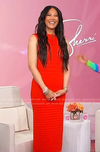 Kimora Lee Simmons’s red ribbed sleeveless dress on Sherri