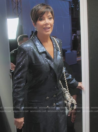 Kris's black sequin double breasted coat on The Kardashians