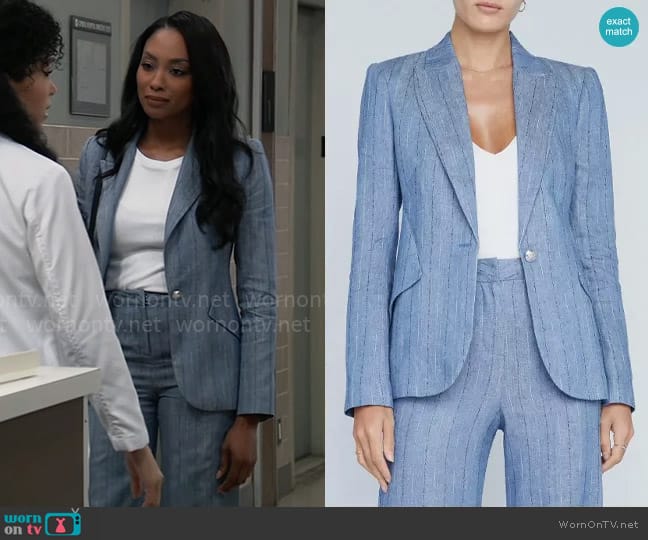 L'Agence Chamberlain Blazer in Slate Blue Pinstripe worn by Jordan Ashford (Tanisha Mariko Harper) on General Hospital