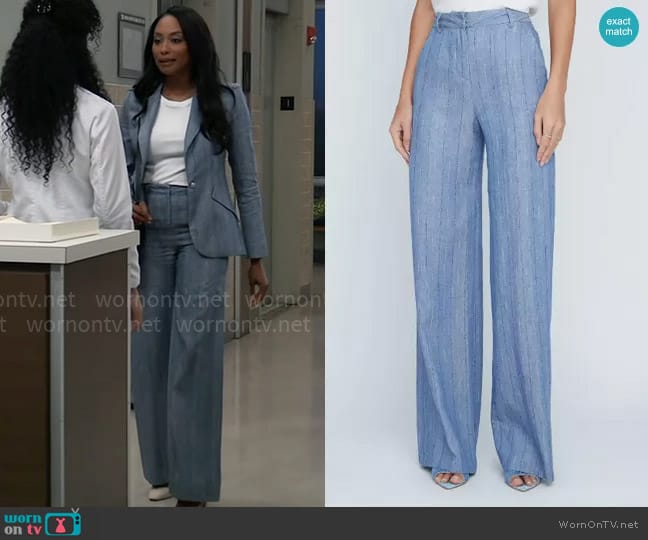 L'Agence Livvy Straight-Leg Trousers in Slate Blue Pinstripe worn by Jordan Ashford (Tanisha Mariko Harper) on General Hospital