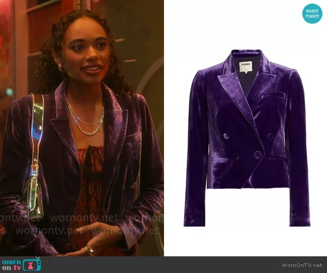 L'Agence Rory Cropped Velvet Blazer in Deep Violet worn by Tabitha 'Tabby' Hayworth (Chandler Kinney) on Pretty Little Liars Original Sin