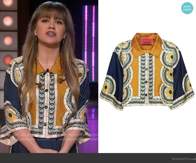 LA DoubleJ Mudejar-print silk crop shirt worn by Kelly Clarkson on The Kelly Clarkson Show