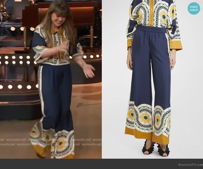 LA DoubleJ High-waist silk palazzo trousers worn by Kelly Clarkson on The Kelly Clarkson Show