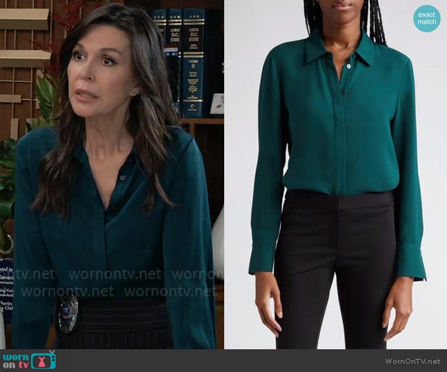 Lafayette 148 New York Scottie Silk Button-Up Blouse in Deep Ivy worn by Anna Devane (Finola Hughes) on General Hospital