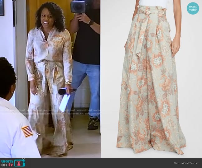 L'Agence Chantae Soft Pastel Vintage Floral Paperbag Puddle Pants worn by Janai Norman on Good Morning America