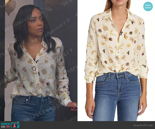 L'Agence Holly Shirt in Ecru Multi Brooch Print worn by Jada Hunter (Elia Cantu) on Days of our Lives